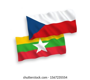 National vector fabric wave flags of Czech Republic and Myanmar isolated on white background. 1 to 2 proportion.