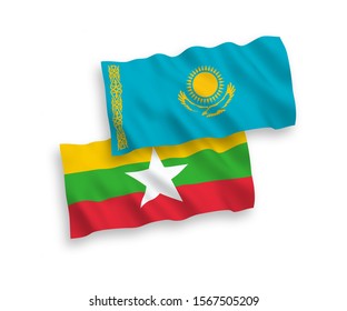 National vector fabric wave flags of Kazakhstan and Myanmar isolated on white background. 1 to 2 proportion.