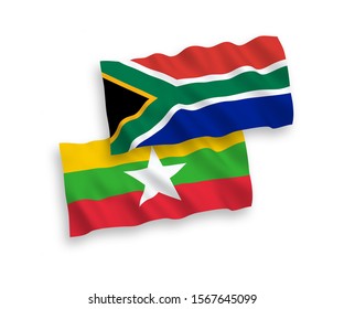 National vector fabric wave flags of Myanmar and Republic of South Africa isolated on white background. 1 to 2 proportion.