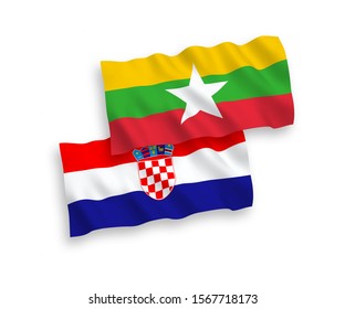 National vector fabric wave flags of Myanmar and Croatia isolated on white background. 1 to 2 proportion.