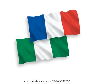 National vector fabric wave flags of France and Nigeria isolated on white background. 1 to 2 proportion.