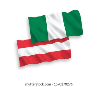 National vector fabric wave flags of Austria and Nigeria isolated on white background. 1 to 2 proportion.