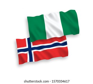 National vector fabric wave flags of Norway and Nigeria isolated on white background. 1 to 2 proportion.