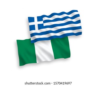 National vector fabric wave flags of Greece and Nigeria isolated on white background. 1 to 2 proportion.