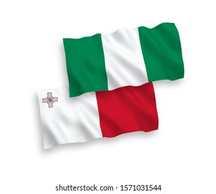National vector fabric wave flags of Malta and Nigeria isolated on white background. 1 to 2 proportion.