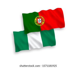 National vector fabric wave flags of Portugal and Nigeria isolated on white background. 1 to 2 proportion.