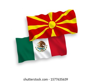 National vector fabric wave flags of Mexico and North Macedonia isolated on white background. 1 to 2 proportion.