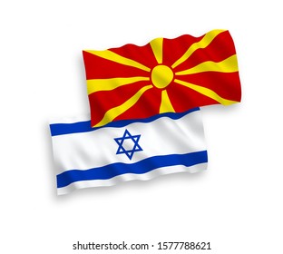 National vector fabric wave flags of North Macedonia and Israel isolated on white background. 1 to 2 proportion.