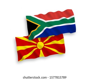 National vector fabric wave flags of North Macedonia and Republic of South Africa isolated on white background. 1 to 2 proportion.