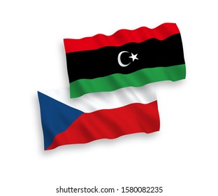National vector fabric wave flags of Czech Republic and Libya isolated on white background. 1 to 2 proportion.