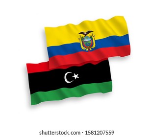National vector fabric wave flags of Libya and Ecuador isolated on white background. 1 to 2 proportion.