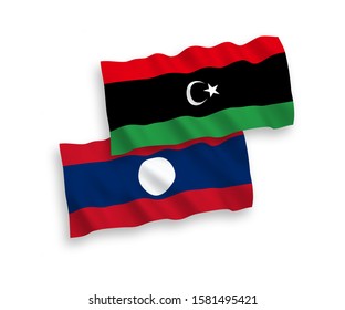 National vector fabric wave flags of Libya and Laos isolated on white background. 1 to 2 proportion.
