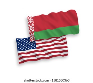 National vector fabric wave flags of Belarus and USA isolated on white background. 1 to 2 proportion.