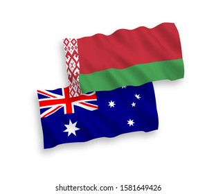 National vector fabric wave flags of Australia and Belarus isolated on white background. 1 to 2 proportion.