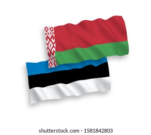 National vector fabric wave flags of Estonia and Belarus isolated on white background. 1 to 2 proportion.