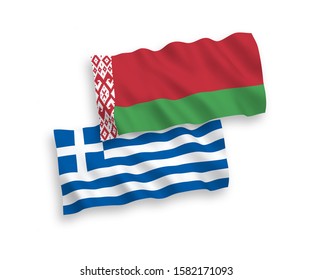 National vector fabric wave flags of Greece and Belarus isolated on white background. 1 to 2 proportion.
