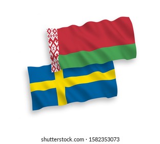 National vector fabric wave flags of Sweden and Belarus isolated on white background. 1 to 2 proportion.