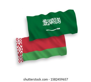 National vector fabric wave flags of Saudi Arabia and Belarus isolated on white background. 1 to 2 proportion.