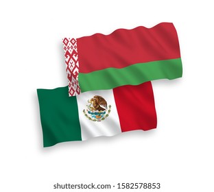 National vector fabric wave flags of Mexico and Belarus isolated on white background. 1 to 2 proportion.