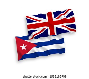National vector fabric wave flags of Great Britain and Cuba isolated on white background. 1 to 2 proportion.