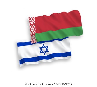 National vector fabric wave flags of Belarus and Israel isolated on white background. 1 to 2 proportion.