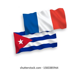 National vector fabric wave flags of France and Cuba isolated on white background. 1 to 2 proportion.