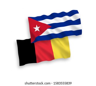 National vector fabric wave flags of Cuba and Belgium isolated on white background. 1 to 2 proportion.