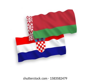 National vector fabric wave flags of Belarus and Croatia isolated on white background. 1 to 2 proportion.