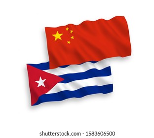 National vector fabric wave flags of Cuba and China isolated on white background 1 to 2 proportion.