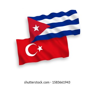 National vector fabric wave flags of Turkey and Cuba isolated on white background. 1 to 2 proportion.