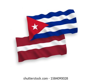 National vector fabric wave flags of Latvia and Cuba isolated on white background. 1 to 2 proportion.