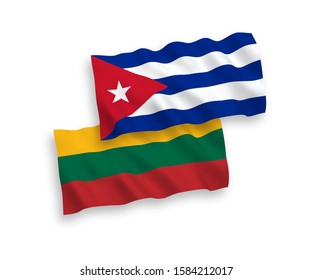 National vector fabric wave flags of Lithuania and Cuba isolated on white background. 1 to 2 proportion.