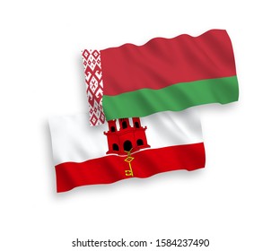 National vector fabric wave flags of Belarus and Gibraltar isolated on white background. 1 to 2 proportion.