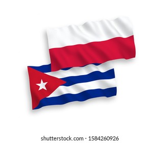 National vector fabric wave flags of Cuba and Poland isolated on white background. 1 to 2 proportion.