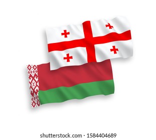 National vector fabric wave flags of Belarus and Georgia isolated on white background. 1 to 2 proportion.