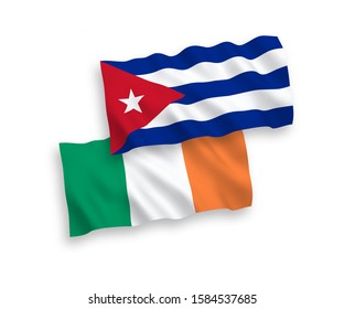 National vector fabric wave flags of Ireland and Cuba isolated on white background. 1 to 2 proportion.