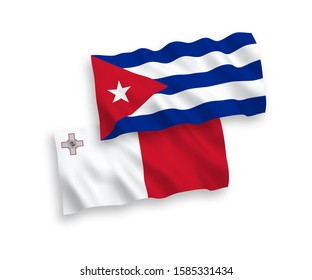 National vector fabric wave flags of Malta and Cuba isolated on white background. 1 to 2 proportion.