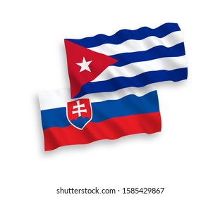 National vector fabric wave flags of Slovakia and Cuba isolated on white background. 1 to 2 proportion.