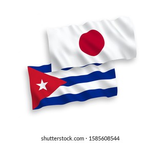 National vector fabric wave flags of Japan and Cuba isolated on white background. 1 to 2 proportion.