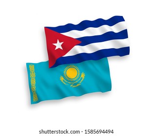 National vector fabric wave flags of Kazakhstan and Cuba isolated on white background. 1 to 2 proportion.