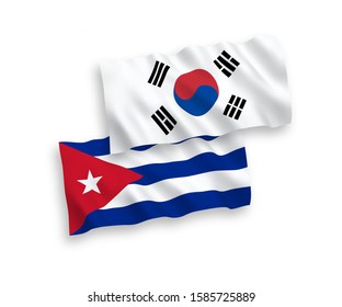 National vector fabric wave flags of South Korea and Cuba isolated on white background. 1 to 2 proportion.