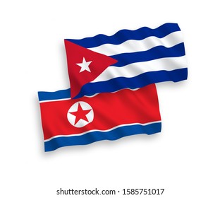 National vector fabric wave flags of North Korea and Cuba isolated on white background. 1 to 2 proportion.