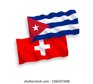 National vector fabric wave flags of Cuba and Switzerland isolated on white background. 1 to 2 proportion.