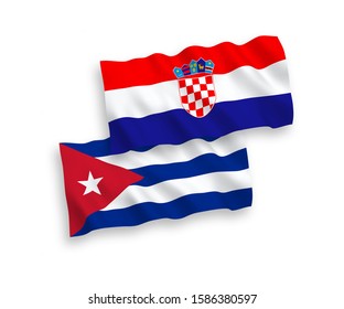 National vector fabric wave flags of Cuba and Croatia isolated on white background. 1 to 2 proportion.