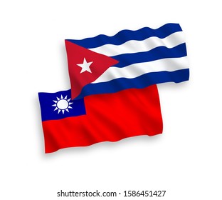 National vector fabric wave flags of Cuba and Taiwan isolated on white background. 1 to 2 proportion.