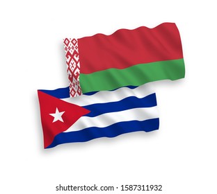 National vector fabric wave flags of Cuba and Belarus isolated on white background. 1 to 2 proportion.