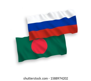 National vector fabric wave flags of Bangladesh and Russia isolated on white background. 1 to 2 proportion.