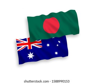 National vector fabric wave flags of Australia and Bangladesh isolated on white background. 1 to 2 proportion.