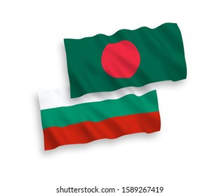 National vector fabric wave flags of Bulgaria and Bangladesh isolated on white background. 1 to 2 proportion.