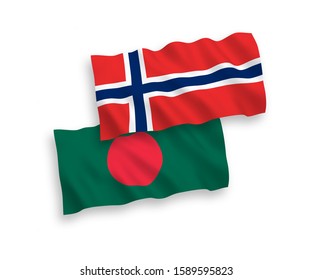 National vector fabric wave flags of Norway and Bangladesh isolated on white background. 1 to 2 proportion.